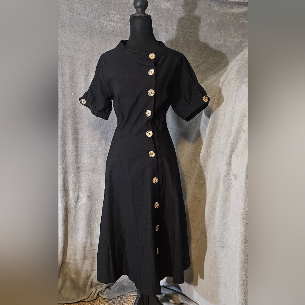 Unique Vintage Black Long Sleeve Dress with Button Detail